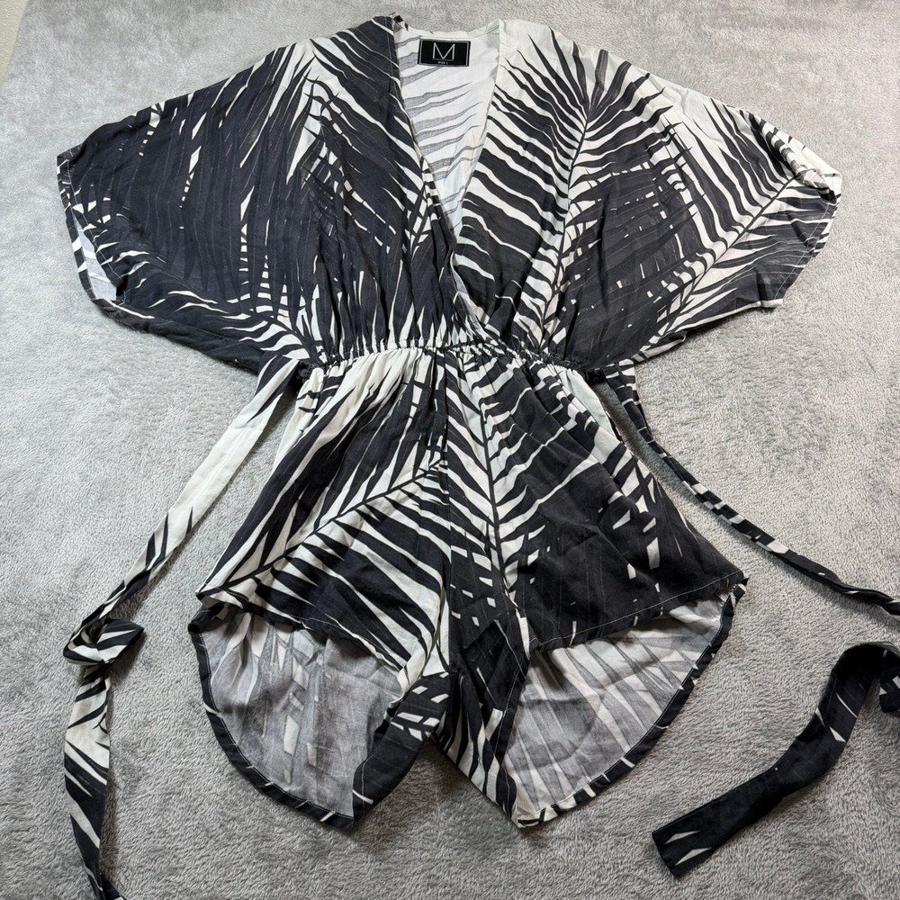 Makana x Makana Romper Women Large Black White Palm Leaf Print Short Sleeve